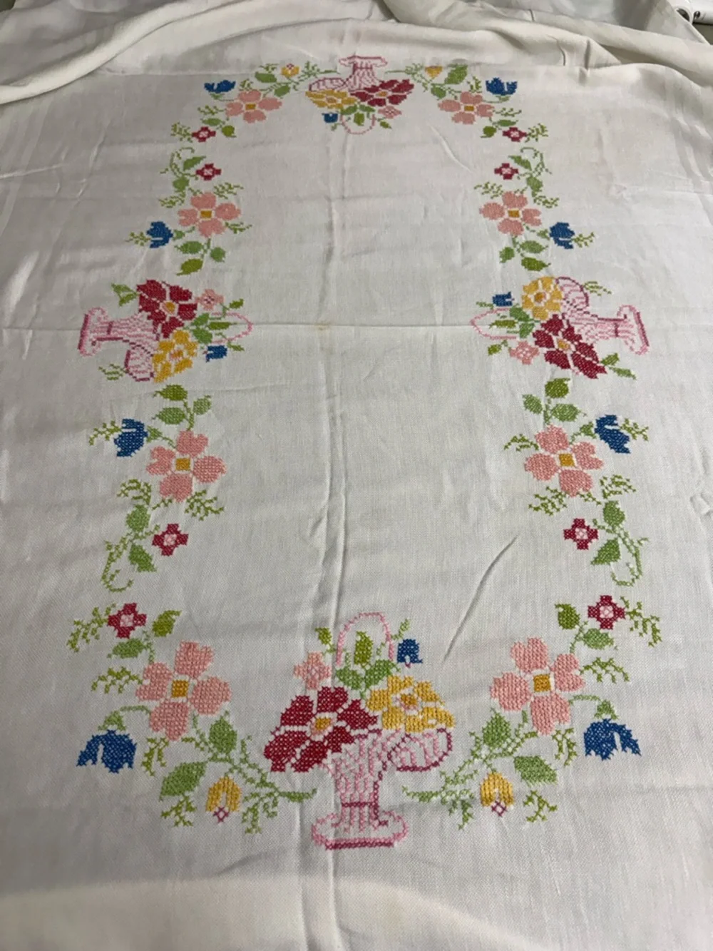 Embroidered Floral Linen Tablecloth - White with Pastel Flowers  OSK